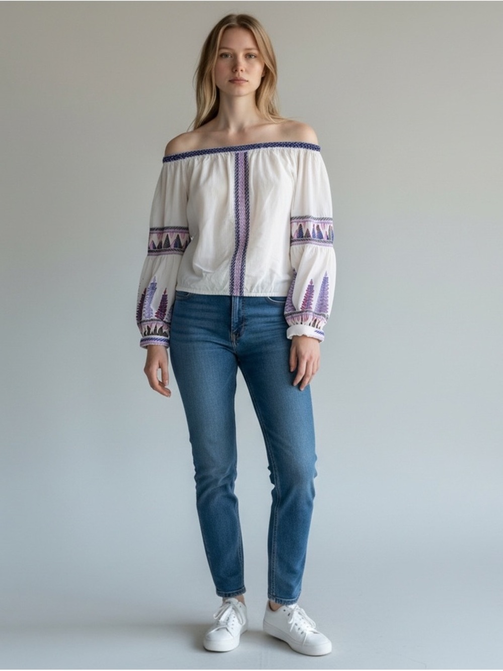 Free People “Dream On” Off-Shoulder Embroidery Boho Top SZ XS White Navy Lilac